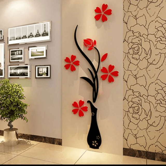 ( Acrylic ) Flowers Vase Mirror Wall Stickers